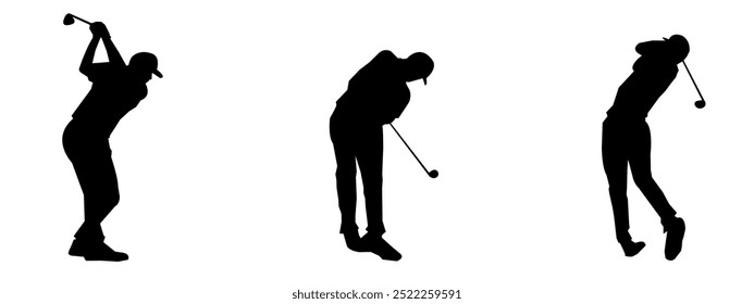 Golf Player Vector Illustration Set, Black and White Silhouettes. Various Golf Player poses.