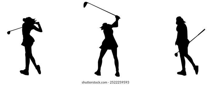 Golf Player Vector Illustration Set, Black and White Silhouettes. Various Golf Player poses.