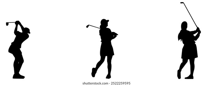 Golf Player Vector Illustration Set, Black and White Silhouettes. Various Golf Player poses.