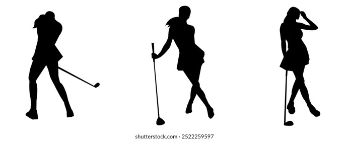 Golf Player Vector Illustration Set, Black and White Silhouettes. Various Golf Player poses.