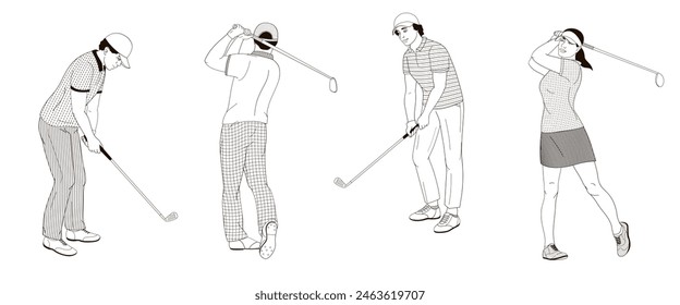 golf players African American male and female characters with clubs black and white outline vector illustration