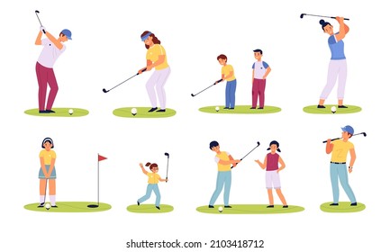 Personajes de los jugadores de golf. Jugadores de diferentes edades, hombres felices, mujeres y niños con clubes de golf, deportes familiares actividad al aire libre verano, jugar en campo verde vector aislado conjunto