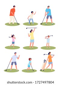 Golf players characters. Men women playing, isolated golfers with equipment and bags. Flat male female outdoor recreation sport vector set