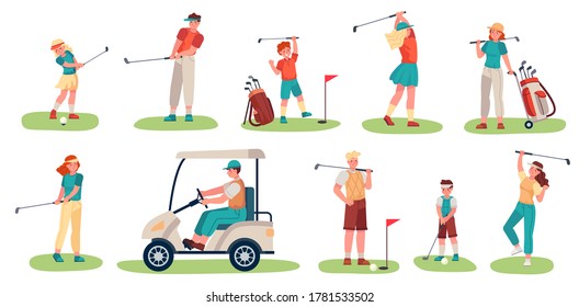 Golf players characters. Men, women and children playing golf on green grass, golfers with clubs and equipment, sports activity vector set. Teenager characters in uniform, riding golf cart