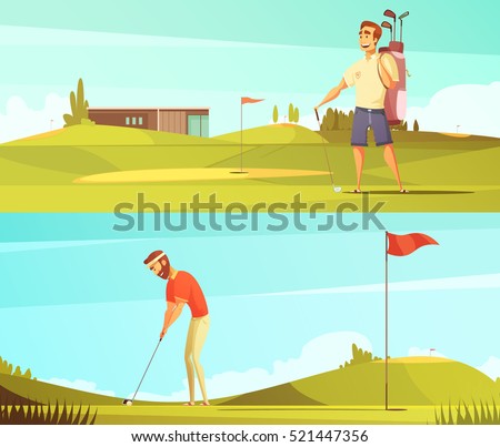 Golf players at course 2 horizontal retro cartoon banners set with red pin flag isolated vector illustration 