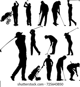 Golf players and equipment silhouettes - vector