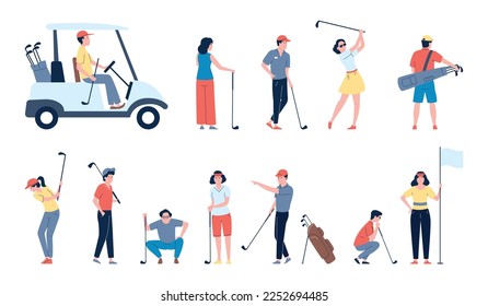 Golf players flat characters. Golfer men and women play. Sport champion, golf club sporting and relaxing time. Fun active person recent vector set