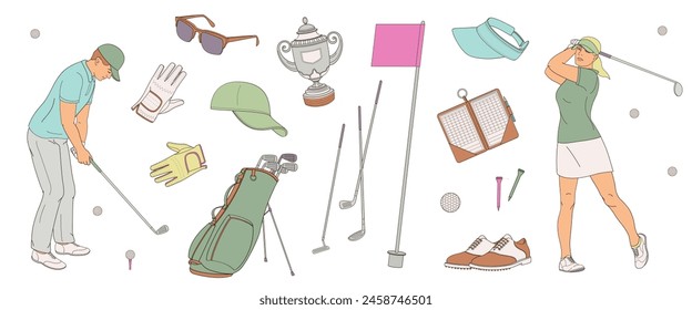 jugadores de golf personajes masculinos y femeninos y establecer Elementos sobre golf - palos, zapatos, bandera, gafas de sol, copa de competición, guantes, bolso de golf, bola, cuaderno de choque