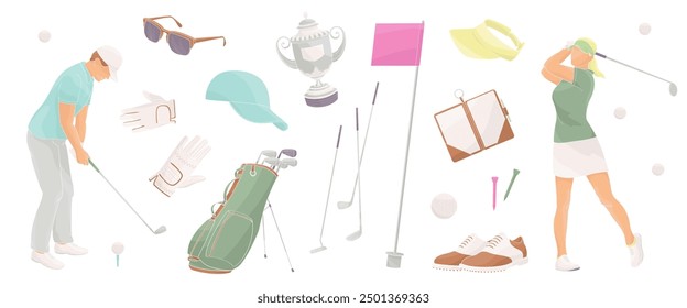 Jugadores de golf Personajes masculinos y femeninos y Elementos sobre golf: clubes, zapatos, banderas, gafas de sol, taza de competencia, guantes, bolso de golf, pelota, cuaderno de choque