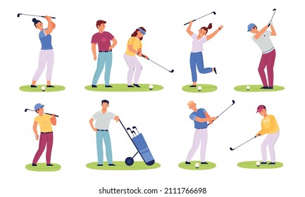 Golf players people. Male and female golfers, sportive characters, club members play on green fields, hitting ball with stick, sport summer outdoor activity, vector isolated set