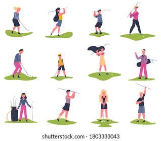 Golf players. People playing golf, golfers striking ball, outside summer activity, golf characters vector illustration set. Game golf and sport man player