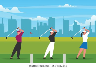 Golf Players Practicing Swings at Urban Golf Course with City Skyline 2d flat vector illustrations