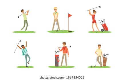 Golf Players Set, Cheerful People Training with Golf Clubs, Sports Activity, Hobby Cartoon Vector Illustration