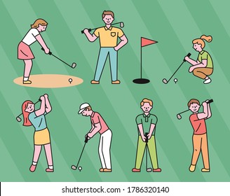 Golf players in various moves. flat design style minimal vector illustration.