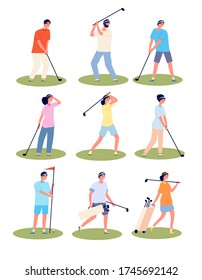 Golf playing. Cartoon fun golfing players, sport time. Isolated golfers in uniform sporting outfits. Flat men women recreation vector set