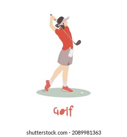 Golf playing icon. Young women training with golf clubs on a green grass. Vector illustration isolated on a white background in a trendy cartoon style. Female character. Outdoor activity concept 