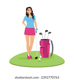 Golf playing. young golfer poses for a photo. with golf clubs on green grass. Flat vector illustration isolated on white background