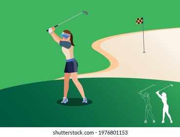 Golf playing. young training with golf clubs on green grass, cartoon vector illustration. female character in different position.	