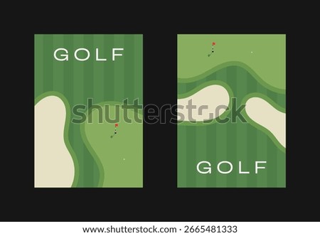 Golf poster design with golf course illustration. Golf course illustration with putting green and bunker sand traps. Golf background for poster, invitation, flyer.