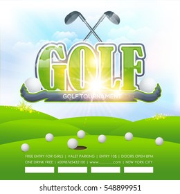 Golf Poster Event Info Postcard Design and Sports Ad Web Banner or Sports Card Template, Ball and Stick with Sport Vector Background and Nature Landscape Illustration
