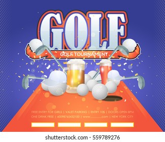 Golf Poster Event Info Postcard Design and Sports Ad Web Banner or Sports Card Template, Ball and Stick with Sport Vector Background and Nature Landscape Illustration
