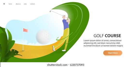 Golf Poster With A Male Golf Player Hitting Ball, Golf Car And Flag On The Golf Lawn With Text. Tournament Theme. Landing Page Banner