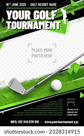 Golf poster template with club, ball and place for your photo - vector illustration