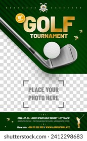 Golf poster template with club, ball and place for your photo - vector illustration