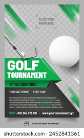 Golf poster template with club, ball and place for your photo - vector illustration