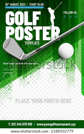Golf poster template with club, ball and place for your photo - vector illustration