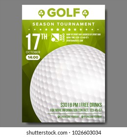 Golf Poster Vector. Banner Advertising. Sport Event Announcement. Ball. A4 Size. Announcement, Game, League Design. Championship Label Illustration
