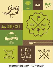 Golf poster. Vector Labels. Set icons on a grassy green background. Cup, ball, clubs and car. Lifestyle sport.