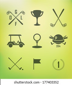 Golf poster. Vector Labels. Set icons on a grassy green background. Cup, ball, clubs and car. Lifestyle sport.