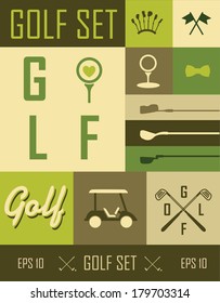 Golf poster. Vector Labels. Set icons on a grassy green background. Cup, ball, clubs and car. Lifestyle sport.