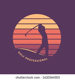 Golf professional vintage retro logo template with silhouette and sunset