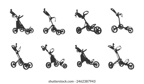 Golf push cart silhouette, Golf pull cart silhouette, Golf bag trolley silhouette, Golf pushcart vector.