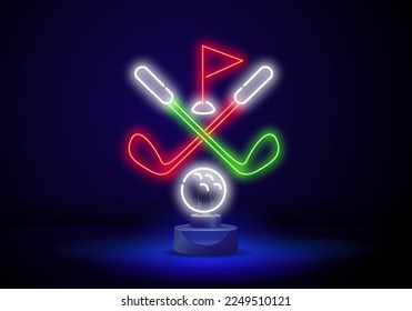 Golf Putters Ball neon light sign vector. Golf Club Neon Signs Vector. Design Template Neon Style. Glowing bright icon Golf Putters Ball sign.