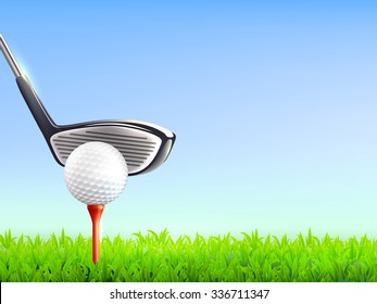 Golf Realistic Background With Ball Club Blue Sky And Green Grass Vector Illustration 