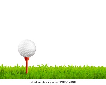  Golf realistic background with ball on a tee and green grass vector illustration 