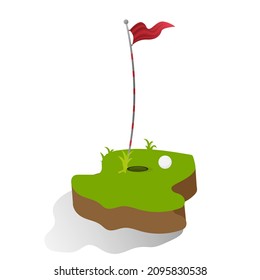 Golf realistic golf club, red flag and golf white ball on green grass. vector illustration