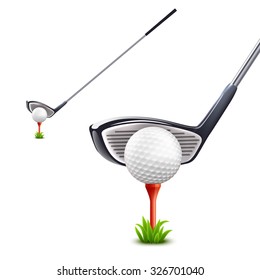 Golf Realistic Set With Ball Grass And Club Isolated Vector Illustration 