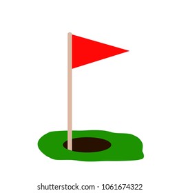 golf red flag on green grass and hole. Isolated on white background. Flat vector. Sport concept. Goal achievement sign.
