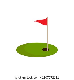 golf red flag on green grass and hole. Isolated on white background. Flat vector illustration. Sport concept. Goal achievement sign.