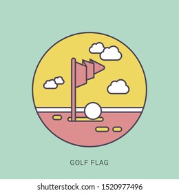 Golf red flag on green grass and hole. solid color with outline concept.