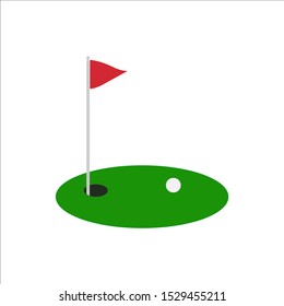 Golf red flag on green grass and hole. Isolated on white background. Flat vector