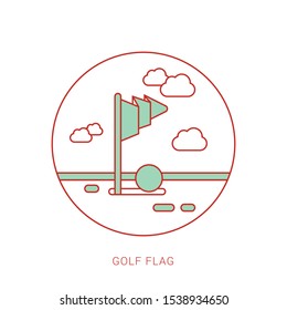 Golf red flag on green grass and hole.