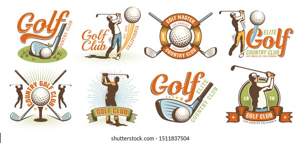 Golf retro logo with clubs balls and golfer. Vintage country golf club emblem set. Vector illustration.