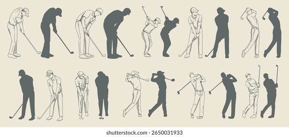 Golf retro logo with clubs balls and golfer. Vintage country golf club emblem set. Vector illustration.