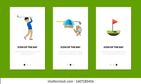 Golf rules flat vector icon set. Pose, accessories, flag, hole, golfer isolated sign pack. Sport and leisure concept. Vector illustration symbol elements for web design and apps.
