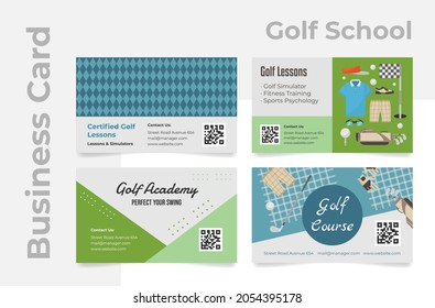 Golf school business card set vector flat illustration. Collection of certified lessons and course promo design with contacts for communications and branding identification. Sport fitness training